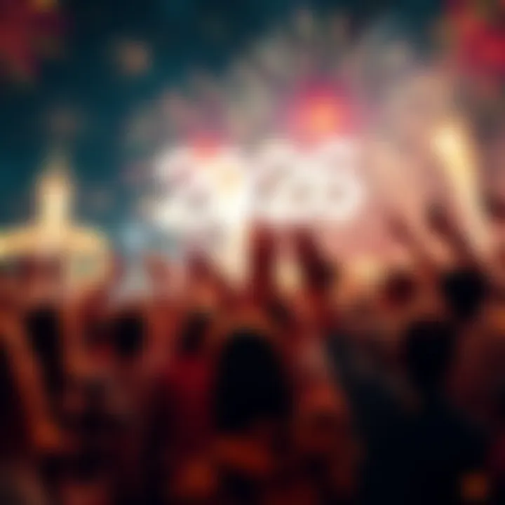 People celebrating New Year 2026 with fireworks and music, sharing good wishes together.