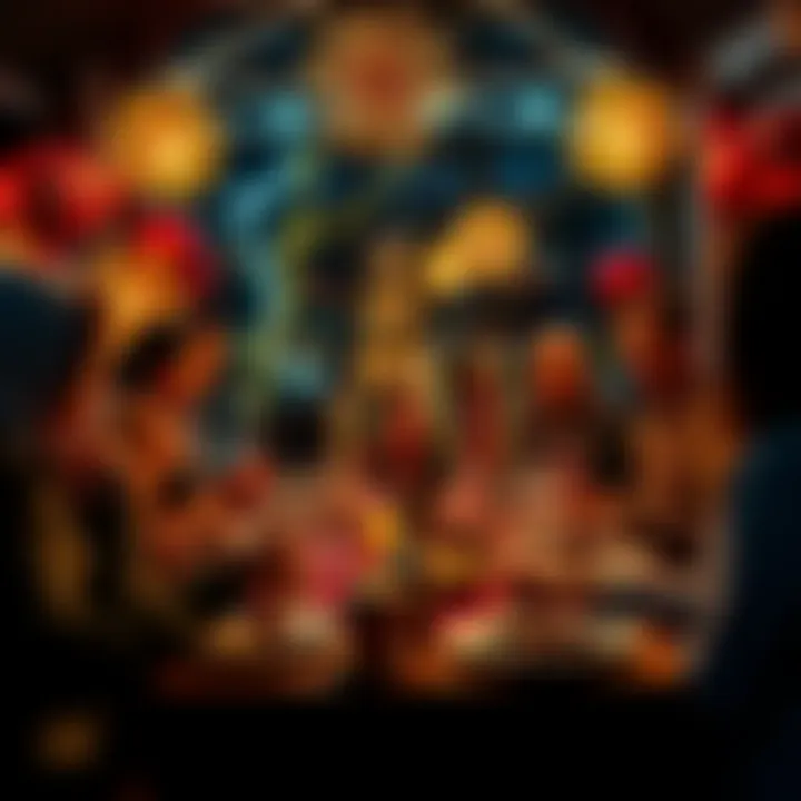 People gathered around a table with candles, celebrating New Year’s Eve traditions and rituals with food and drinks.