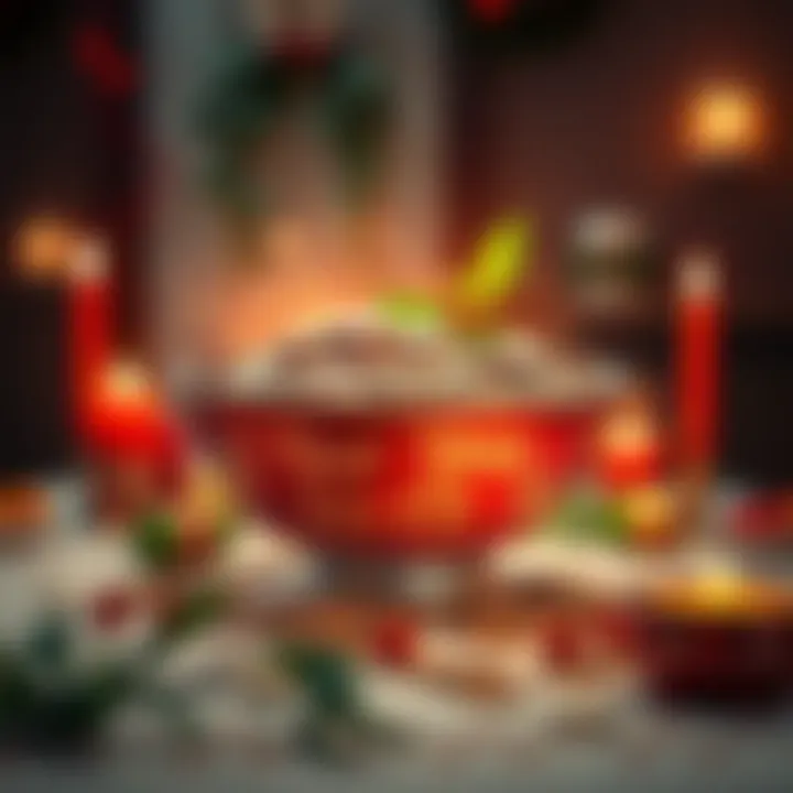 New Year Money Bowl Ritual A decorated bowl filled with coins and green leaves, symbolizing wealth for the new year, placed on a festive table with candles and decorations.