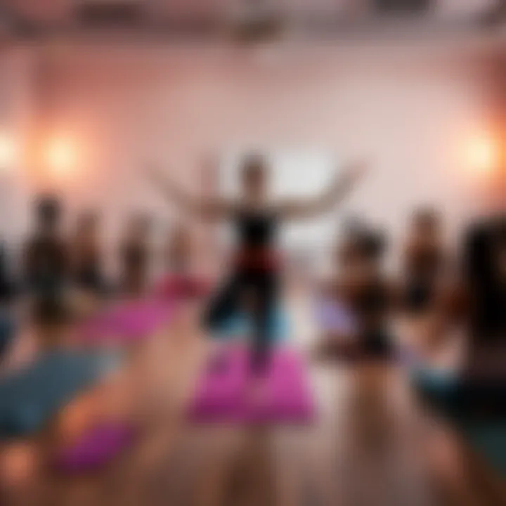 A new yoga instructor demonstrating a Vinyasa pose in front of a class, engaging with students on their yoga mats.