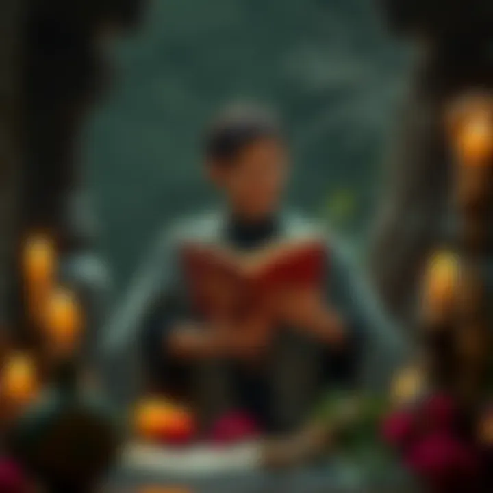 Newcomer Seeking Witchcraft Guidance A person stands with a book of spells, looking puzzled and surrounded by candles and herbs, seeking help from experienced witches.