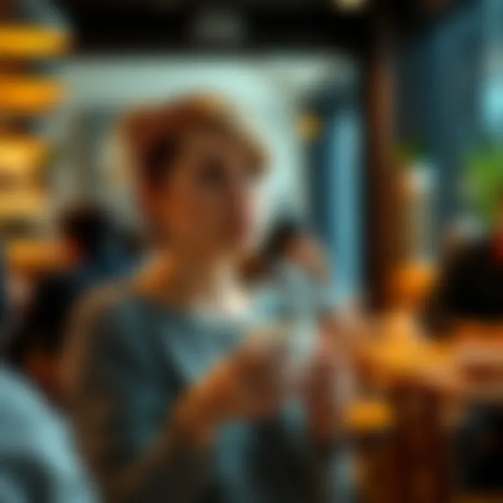 A 38-year-old woman looking thoughtful while holding a coffee cup, surrounded by people chatting in a cozy cafe setting.