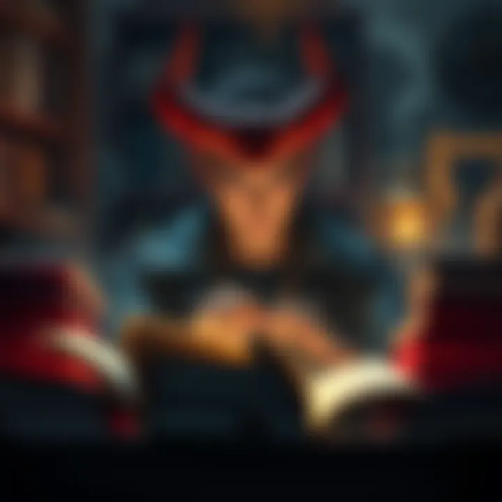 A curious person surrounded by books about demonology, looking for knowledge on figures like Lucifer and King Asmodeus.