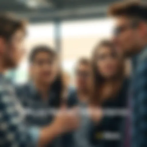 A group of friends looking disappointed at a new member who is standing apart, showing a lack of connection. Their expressions reflect low enthusiasm and skepticism.