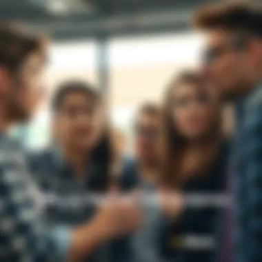 Newcomer in Social Circle A group of friends looking disappointed at a new member who is standing apart, showing a lack of connection. Their expressions reflect low enthusiasm and skepticism.