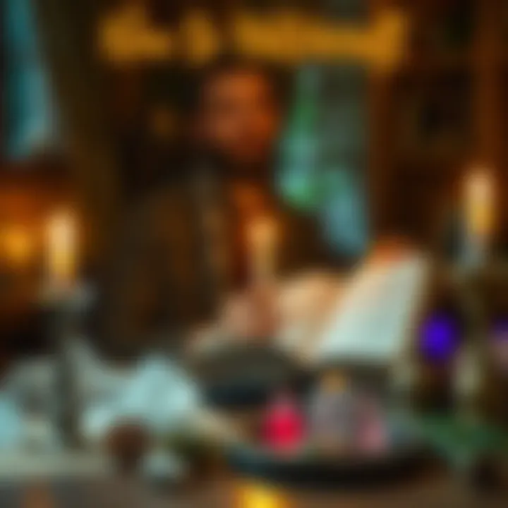 A person lighting a candle and reading a book about witchcraft in a cozy room with crystals and herbs on the table