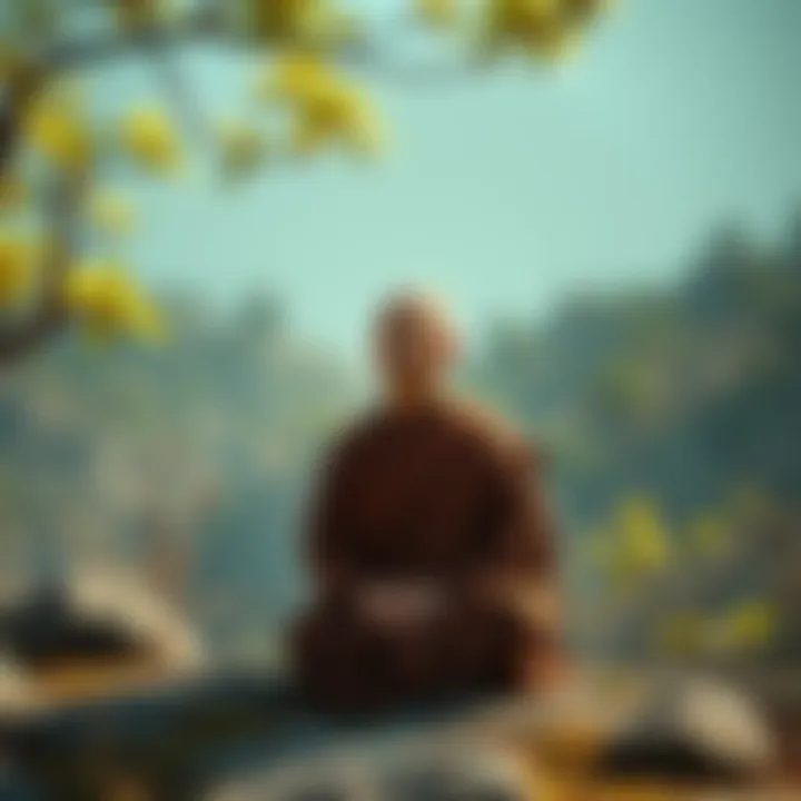 A newly ordained monk sits in meditation, surrounded by natural scenery, reflecting on his new life and routine.