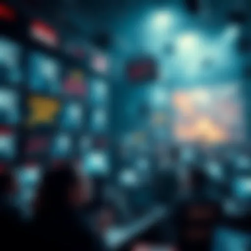 A chaotic newsroom with headlines about extinction and fear on screens