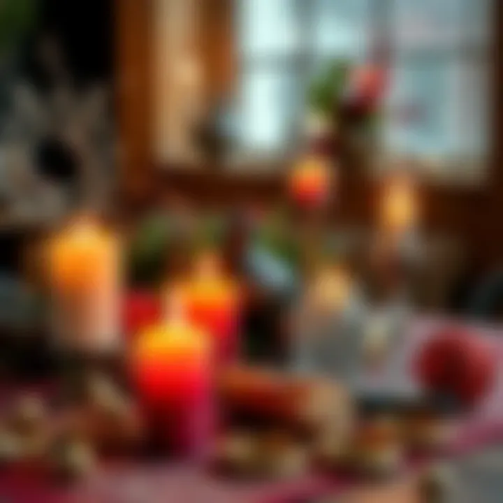 A table with candles, crystals, and seasonal decorations for New Year's spells.