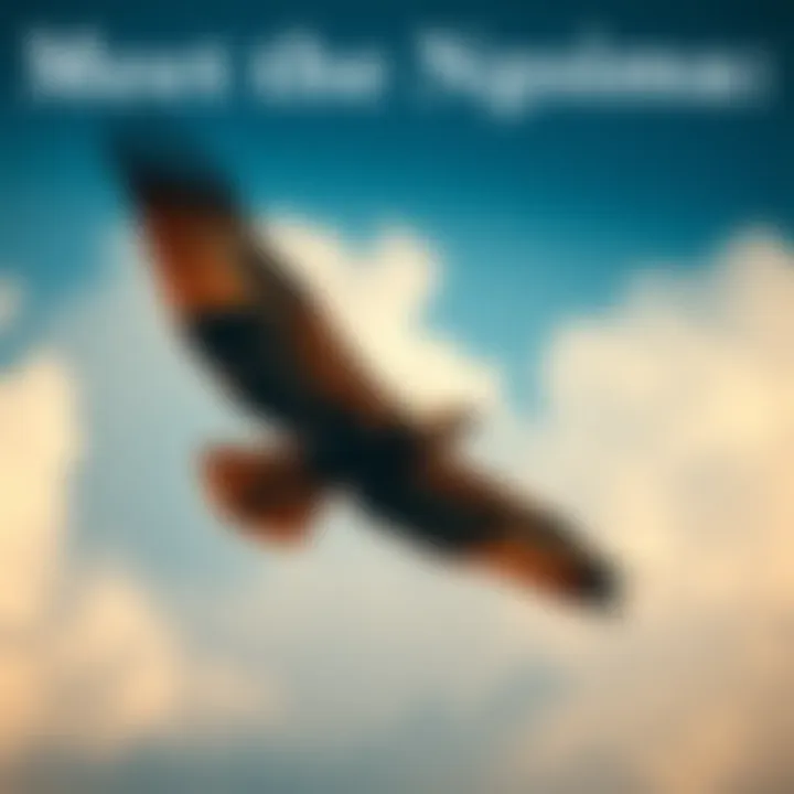 Ngoima bird in flight A ngoima soaring through the sky with a wide wingspan, showcasing its strength and hunting prowess in the Congo.