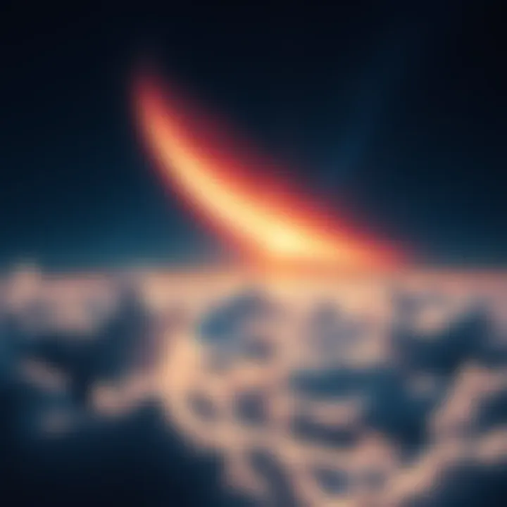 A dramatic view of Nibiru appearing in the night sky with bright colors and swirling clouds, representing the theories surrounding its impact.