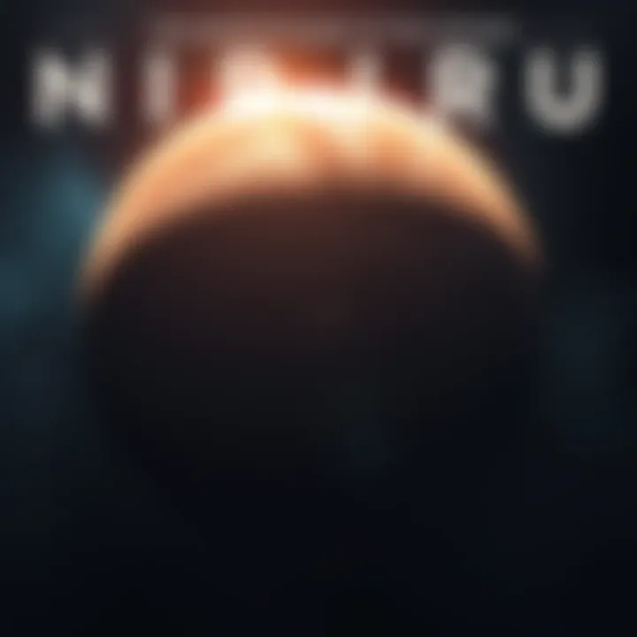 An artist's depiction of NIBIRU, a large, distant planet with a dramatic atmosphere, surrounded by stars, representing its connection to the Anunaki lore.