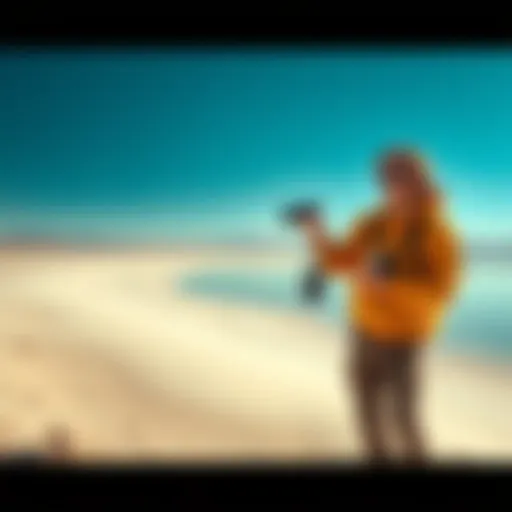 Nicholas Sonderegger exploring the Salton Sea with a camera, surrounded by barren landscape and water
