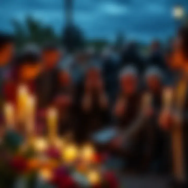 People gather to pay tribute to UFO expert Nick Pope at a memorial service, with candles and flowers present.