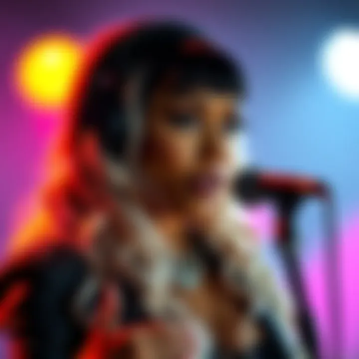 Nicki Minaj Discusses Music Industry Nicki Minaj speaking at a microphone with a serious expression, addressing music industry practices