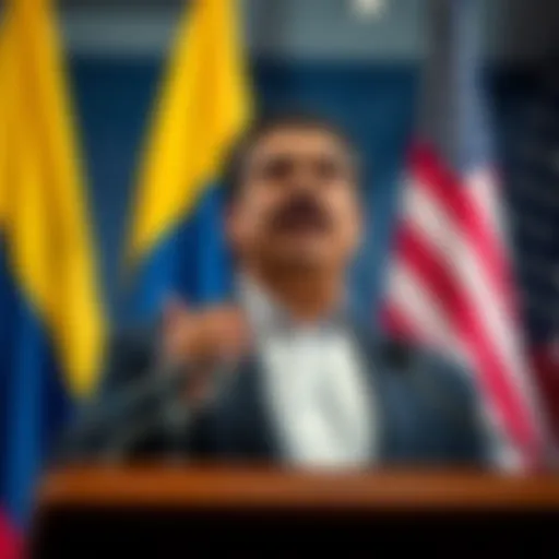 Nicolás Maduro speaking at a podium with flags of Venezuela and the U.S. in the background, suggesting tension between the two nations