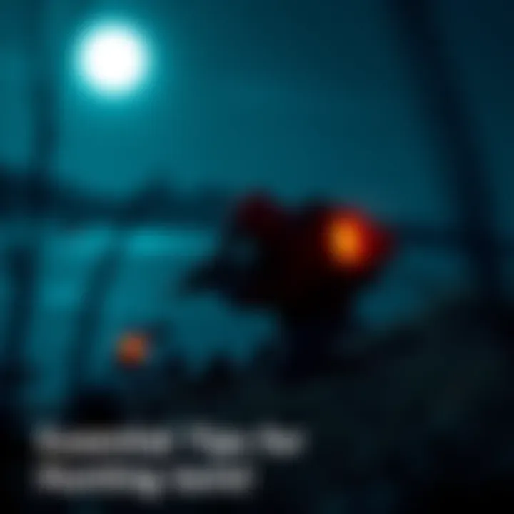 A hunter tracking glowing crawler creatures under a moonlit sky with specialized tools.