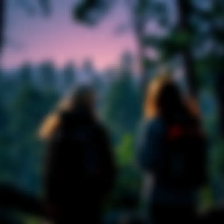 Two friends experiencing a strange bird sound in a dark forest during a night hike