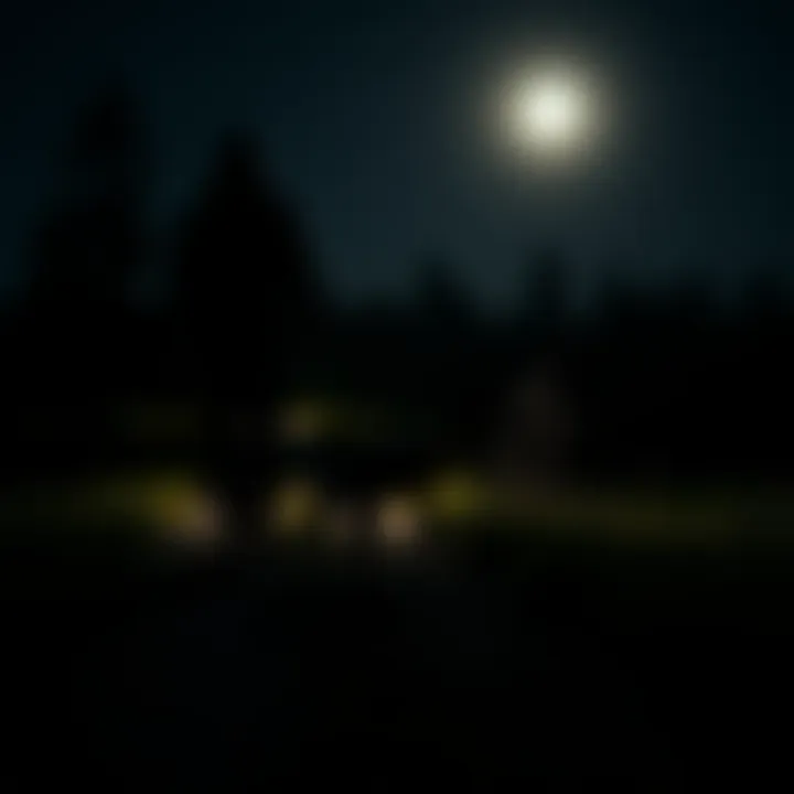 A quiet night at Ho-Chunk reservation with a silhouette of a person and a dog in the foreground, surrounded by trees and shadows, suggesting an eerie atmosphere