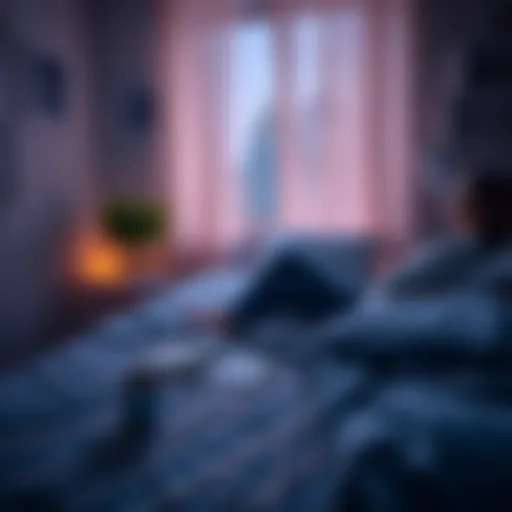 A peaceful bedroom scene with a person sitting on the bed, preparing for sleep with a journal and a warm cup of tea, creating a calming atmosphere.