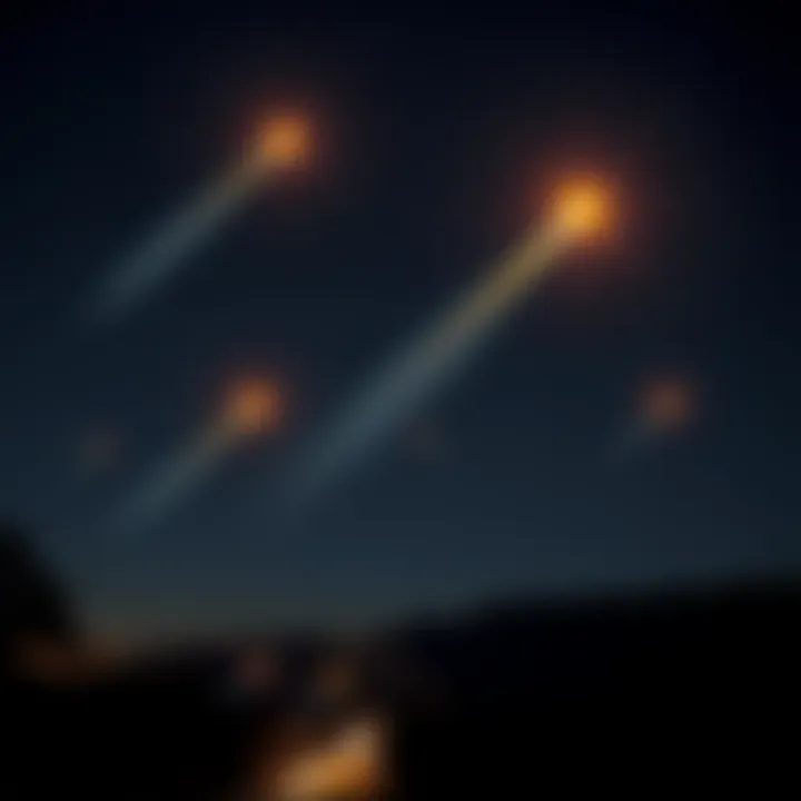 A dark night sky in Christiansburg, Virginia, with bright golden flairs resembling fireballs and dark silhouettes visible among the stars.