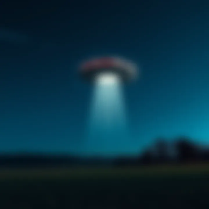 A nighttime scene showing a bright UFO in the sky over a rural American landscape with trees and a field.