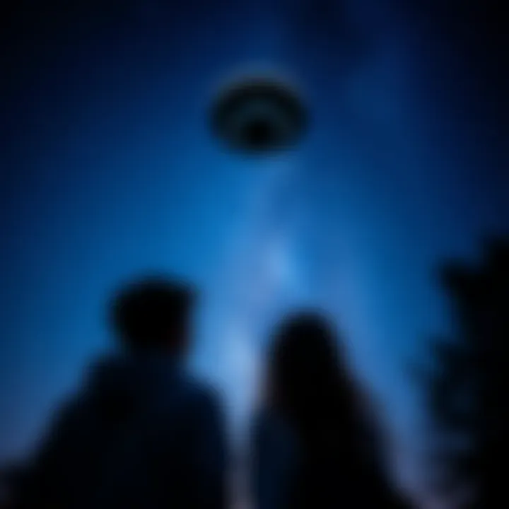Night sky with a UFO Two friends looking up at a black round object in a starry night sky, showing excitement and fear