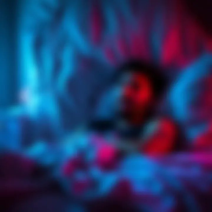 A person tossing and turning in bed, looking distressed while dreaming after listening to a music playlist.