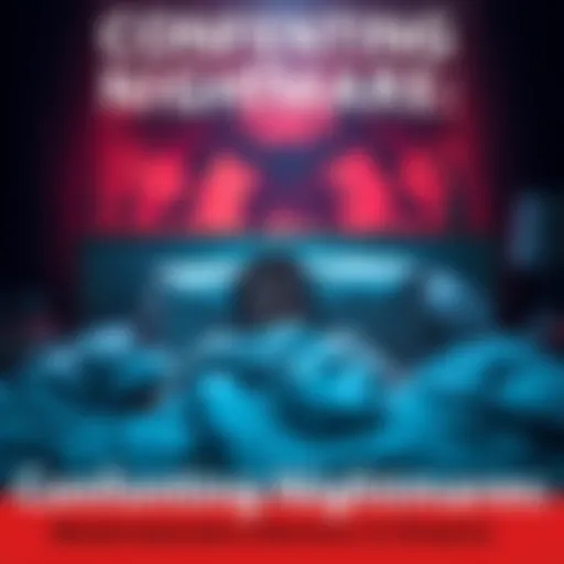 A person in bed looking terrified as a dark, shadowy figure looms at the foot of the bed, representing a demon in a nightmare.