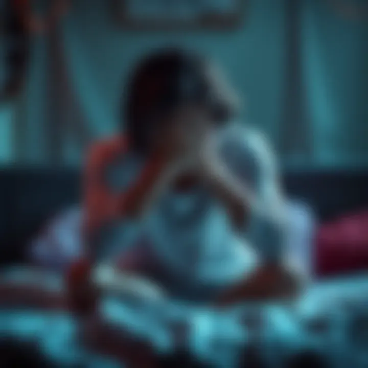 Person covering face in distress Individual sitting on a bed with hands covering their face, showing signs of stress due to nightmares