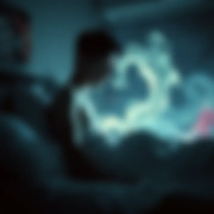 A person sits up in bed with a fearful expression, surrounded by dark shadows and swirling colors, indicating a vivid nightmare.
