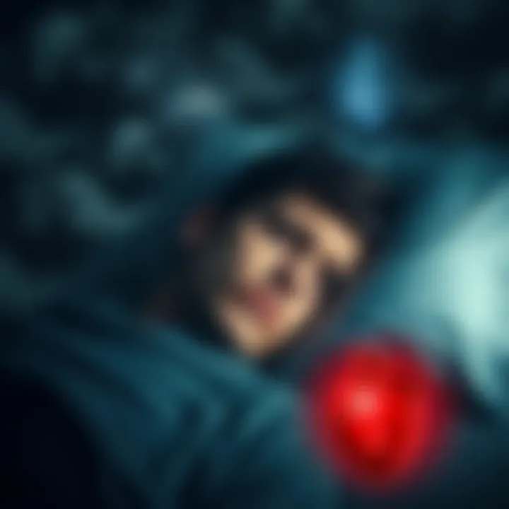 A person asleep with a worried expression, surrounded by dark clouds symbolizing nightmares and a heart symbol representing heart health.