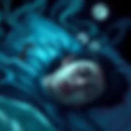 Nightmare Illustration A person sleeping with a troubled expression, surrounded by dark shadows and swirling images representing fear and anxiety.