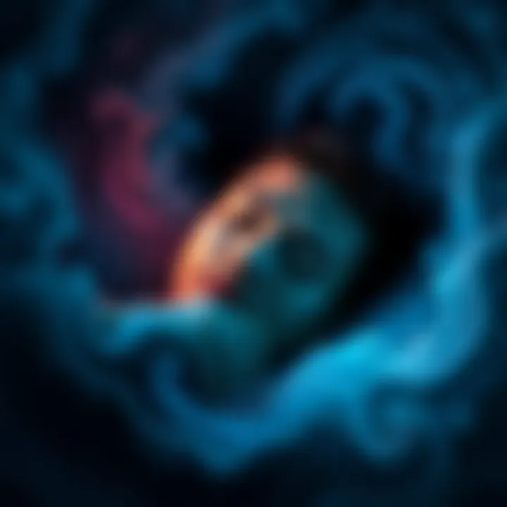 Person experiencing a nightmare A person sleeping with a calm expression, surrounded by dark, swirling dream imagery representing nightmares, showing a sense of control