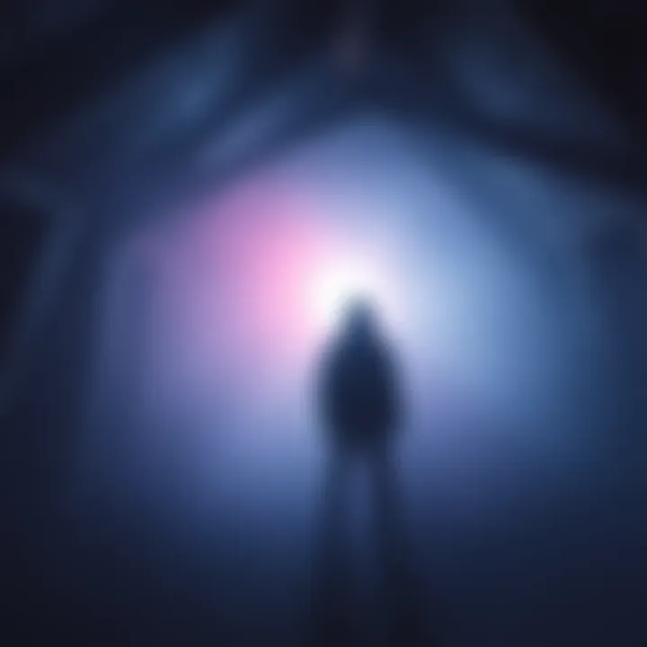 A person standing in a dimly lit attic filled with fog, holding a gun, looking fearful and tense.