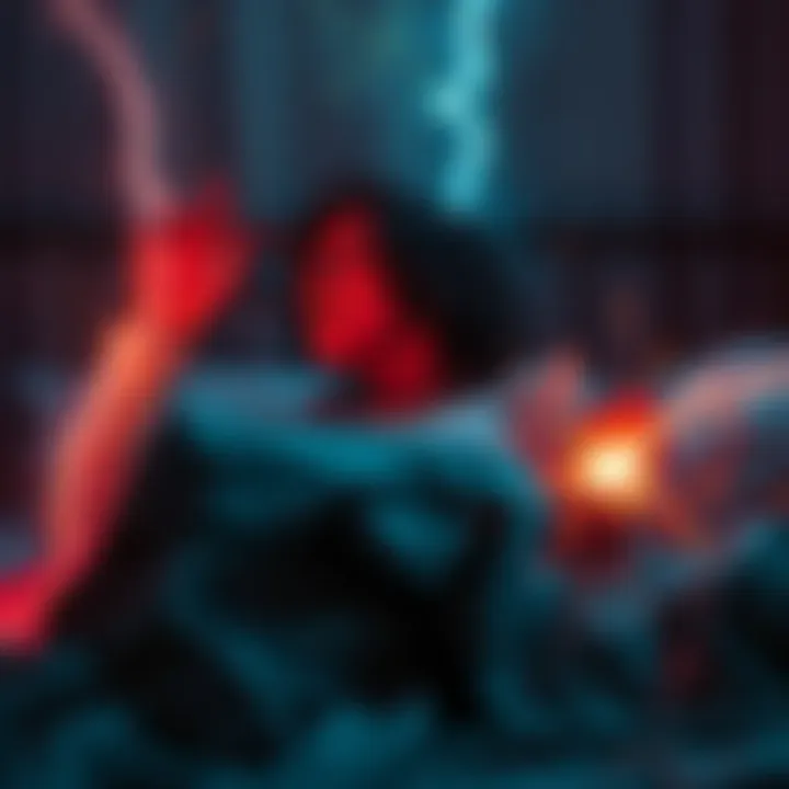 A person sits up in bed with a frightened expression, surrounded by dark shadows and electric sparks, conveying a feeling of fear and paralysis during a nightmare.