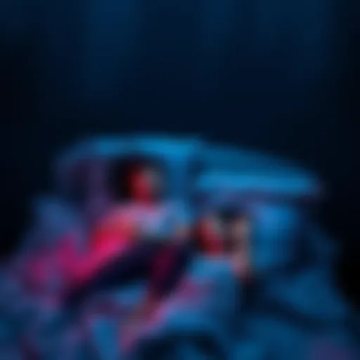 A couple tossing and turning in bed, surrounded by dark shadows representing nightmares