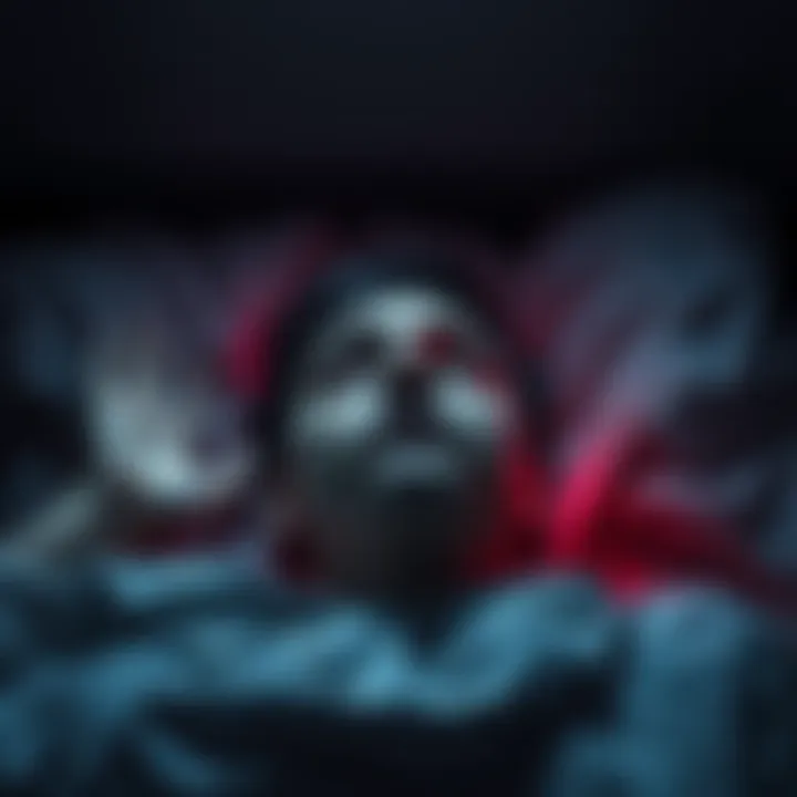 Nightmare and Sleep Paralysis A person lying in bed, eyes wide open, unable to move, with dark shadows and faint sounds surrounding them.