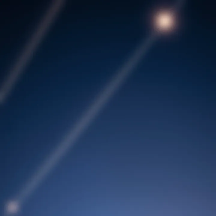 A clear night sky with bright lights moving in straight lines, resembling airplanes or satellites.