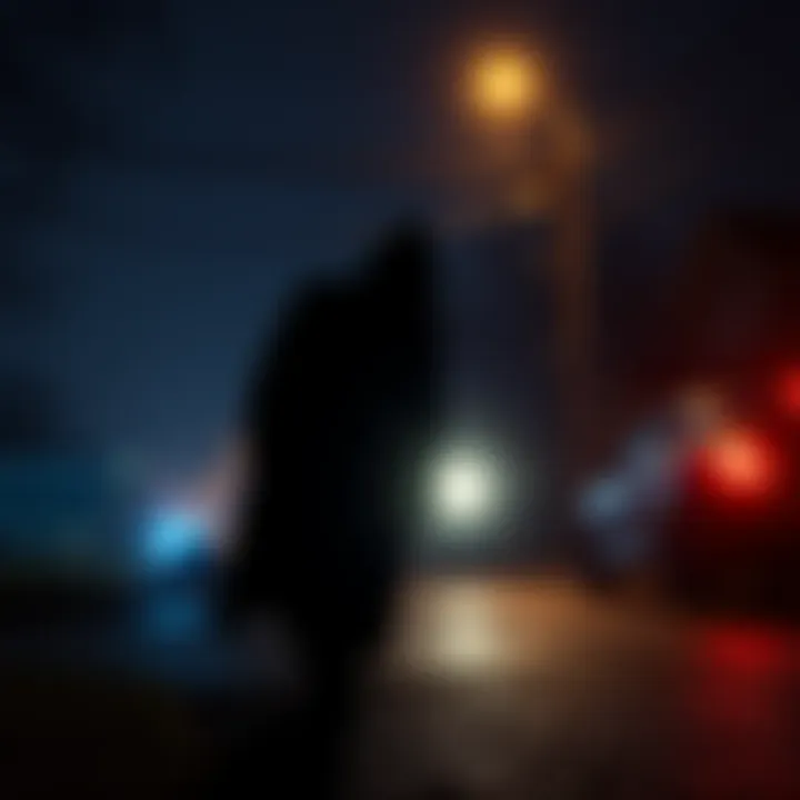 Nighttime Abduction Scene A dark street with a shadowy figure lurking near a parked car, emphasizing concerns about nighttime abductions.