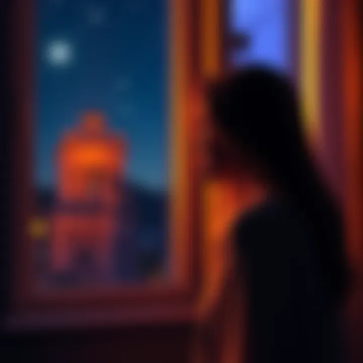A contemplative woman gazing out a window at a starry night, symbolizing thoughts on attracting partners with sleep issues