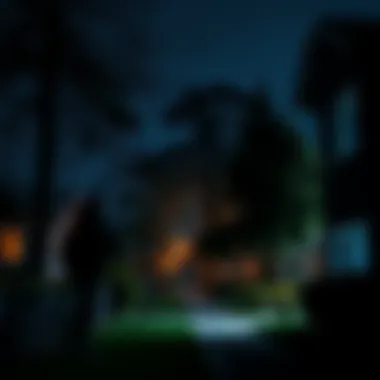 A dark neighborhood at night with trees and a mysterious figure listening in the shadows, as residents look out their windows, trying to identify the strange sound.