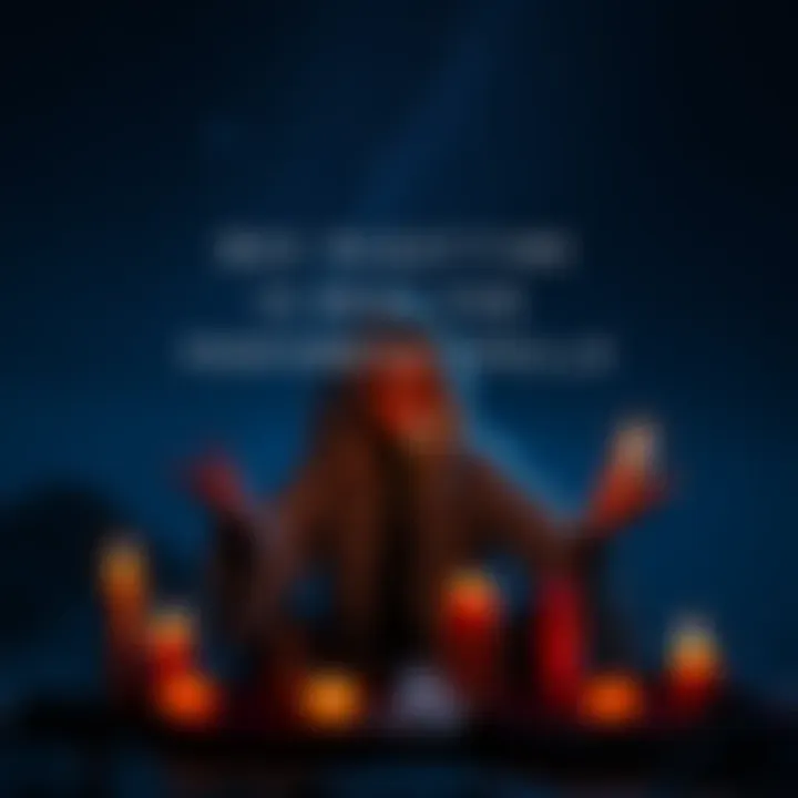 A person in a dark setting, surrounded by candles and crystals, focused on performing spells under a starry sky