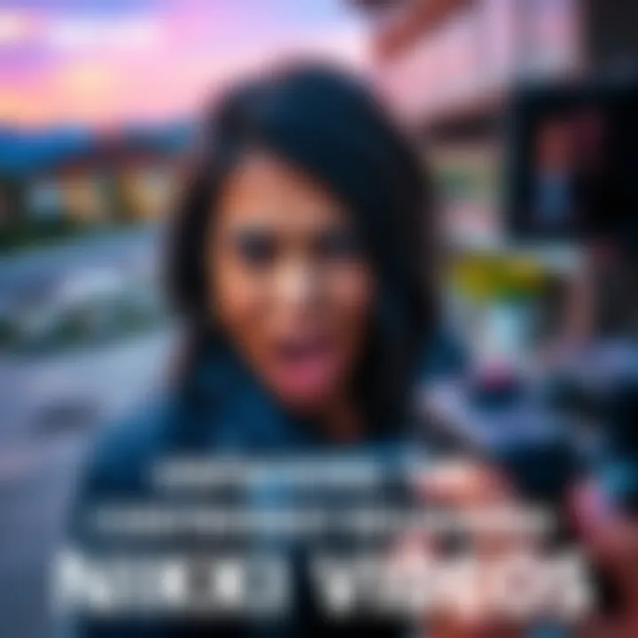 Nikki showing a dramatic facial expression while filming her video, with colorful scenery in the background.