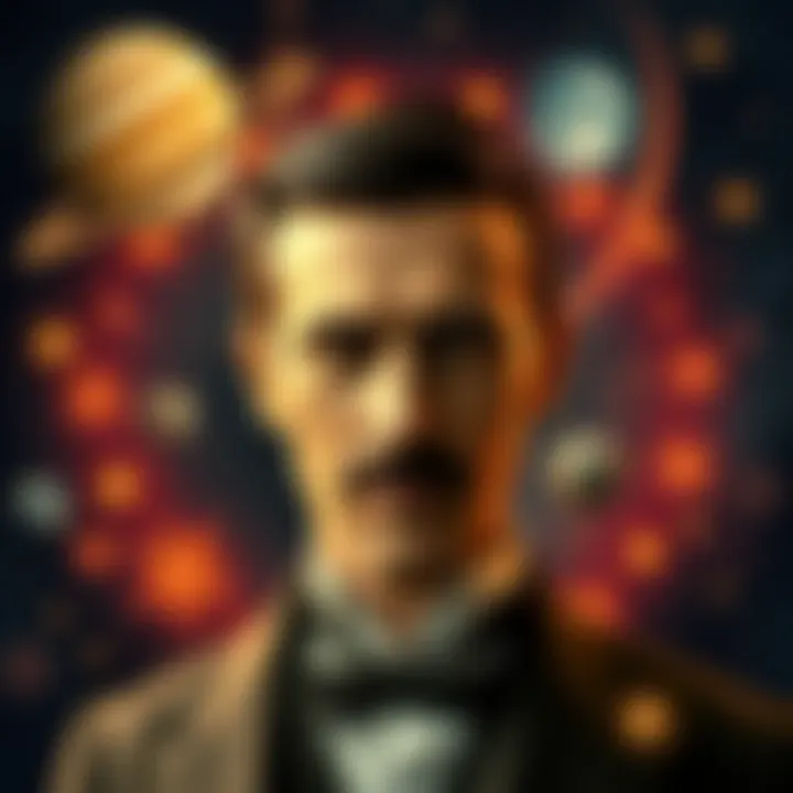 Nikola Tesla and Cosmic Elements An artistic representation of Nikola Tesla with celestial symbols like stars and planets, highlighting his alleged connections to Venus and Sirius B.