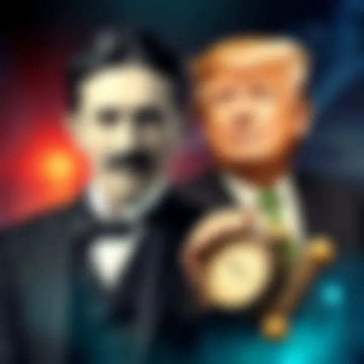 A collage showing Nikola Tesla, a vintage photograph of John G. Trump, and a whimsical time machine illustration.