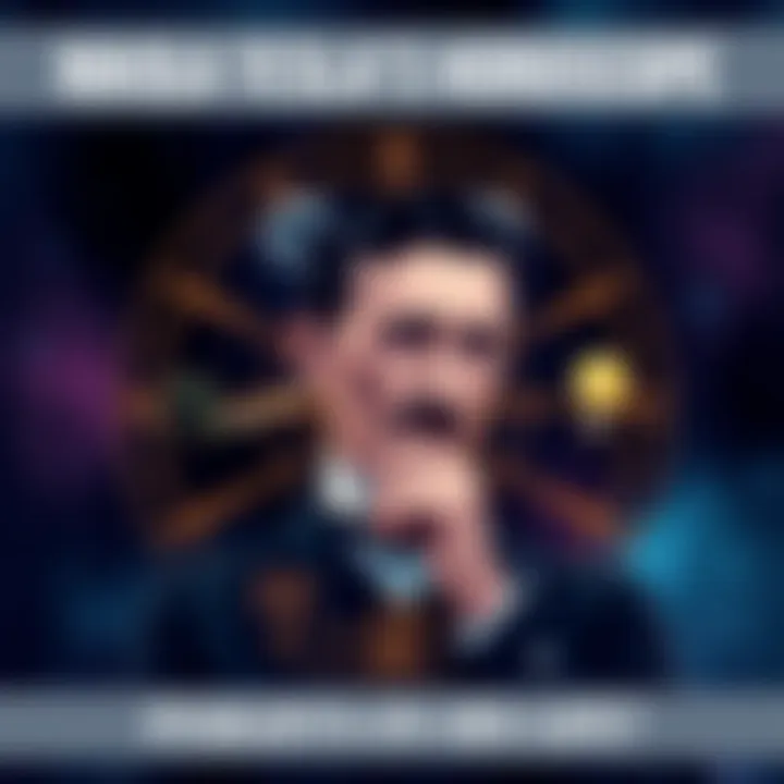 An illustration of a horoscope chart with planetary symbols and a portrait of Nikola Tesla contemplating his life choices.