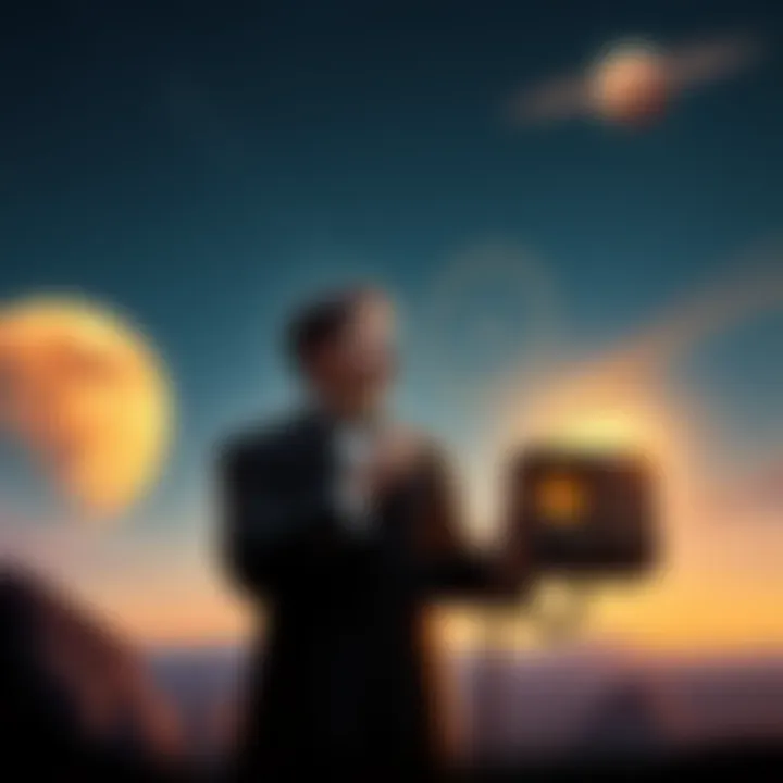 Nikola Tesla with a radio device, looking at the night sky with Mars visible and signals represented by waves