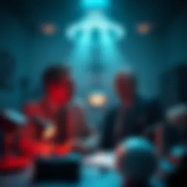 Nixon and Gleason in a Secret Lab A scene depicting Richard Nixon and Jackie Gleason in a dimly lit lab, with mysterious objects in the background.