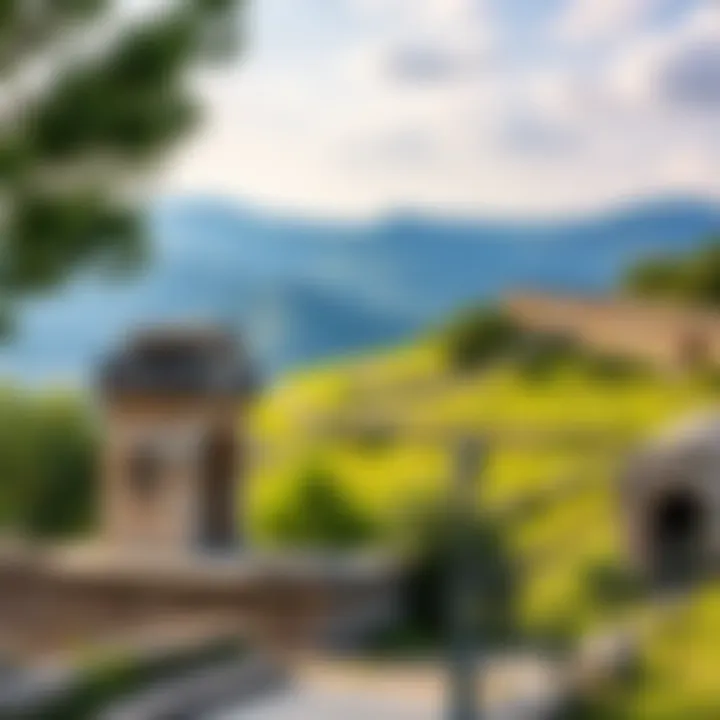 A view of ancient ruins in Nizip, Turkey, showcasing historical stone structures surrounded by greenery and hills.